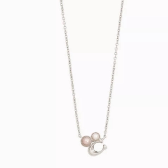 COACH Signature Sculpted C Pendant Silver Necklace with Cluster Pearls 16” + 2” - Picture 3 of 5